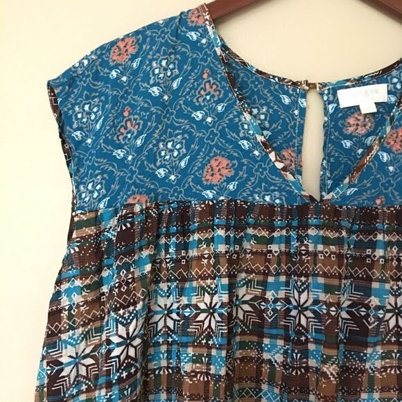 Umgee peasant boho open back brown & blue blouse - Picture 3 of 8